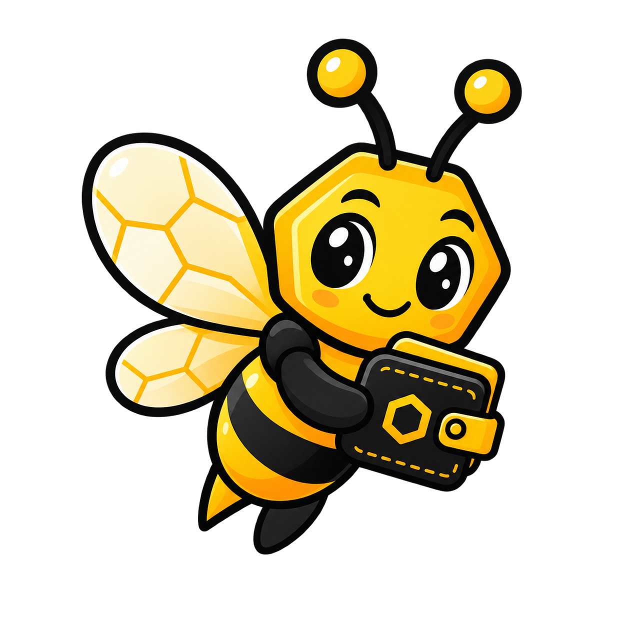 Bee Wallet Lab bee mascot holding a wallet
